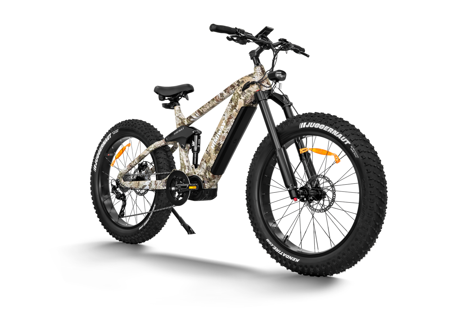 Introducing the Himiway Forest Cobra electric bike with a sleek camouflage design, ideal for off-road enthusiasts. Equipped with a powerful Bafang mid-drive motor for an exhilarating ride through any terrain.