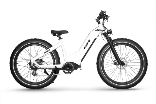 A black and white photo of the Himiway Zebra Step Through - White, a powerful ebike with a 750W gear hub motor.