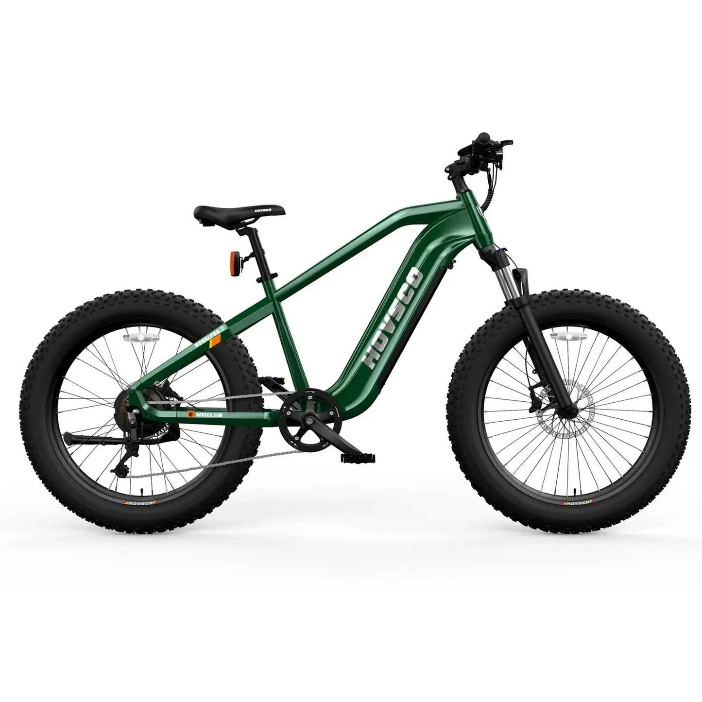 A Hovsco - Alpha - Army Green electric bike with a battery on a white background.