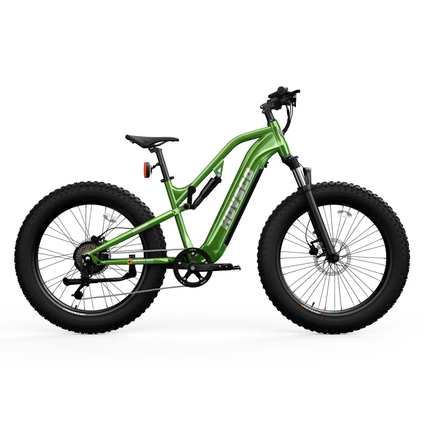 A Hovsco electric bike on a white background, featuring suspension for a comfortable ride.