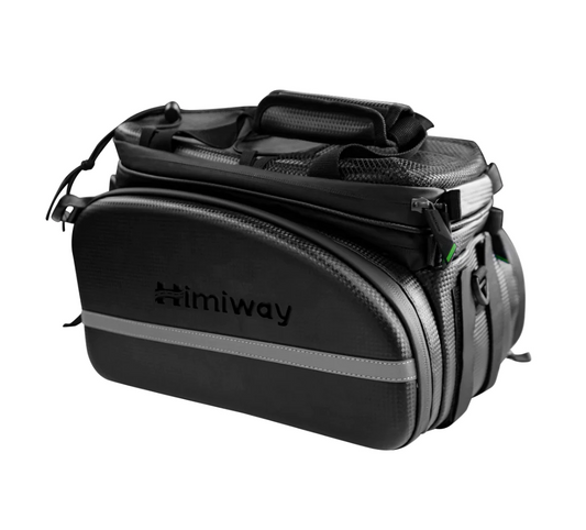 A large capacity black Himiway Bike Trunk Bag with the word Himiway on it.