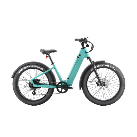 A Velotric - Nomad 1 - Step Through - Cyan colored electric bike is shown against a black background.