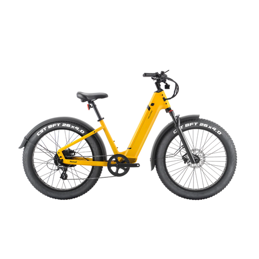 A Velotric - Nomad 1 - Step Through - Mango electric bike on a black background.