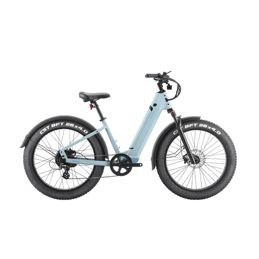 A Velotric - Nomad 1 - Step Through - Sky Blue electric bike on a black background.