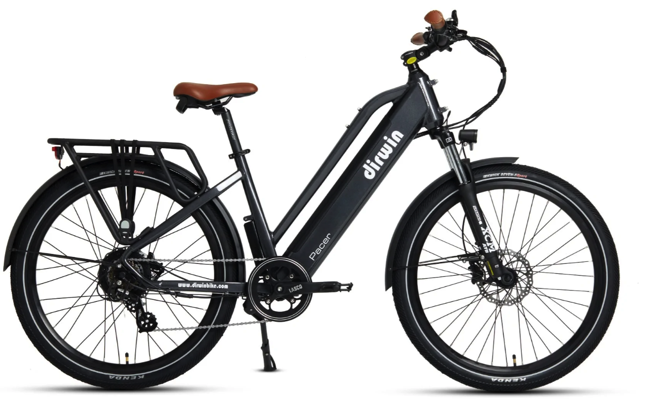 The Dirwin - Pacer Commuter - Grey electric bike is shown against a white background, highlighting its pedal assist feature.