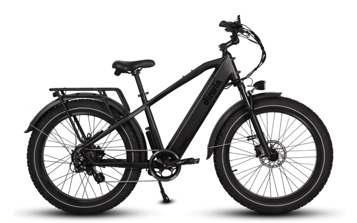 The Dirwin - Pioneer - Black matte black electric bicycle boasts thick tires, a rear rack, and a sleek design. Equipped with a 750W motor and hydraulic suspension fork, it's displayed on a white background, ready for any adventure.