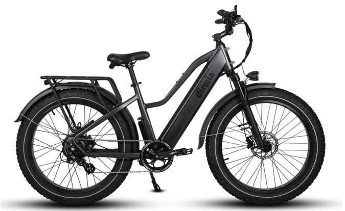 Dirwin - Pioneer Step Through- Grey electric bicycle with fat tires, a hydraulic suspension fork.