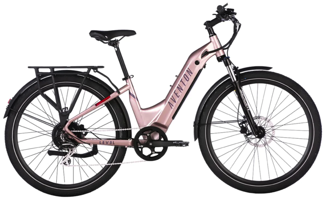 A pink Aventon - LEVEL.2 Step Through - Himalayan - R electric bike is shown against a white background, highlighting its comfort and ease of use.