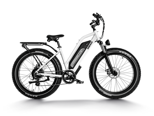 An Himiway electric bike with fat tires on a white background, offering convenience.
