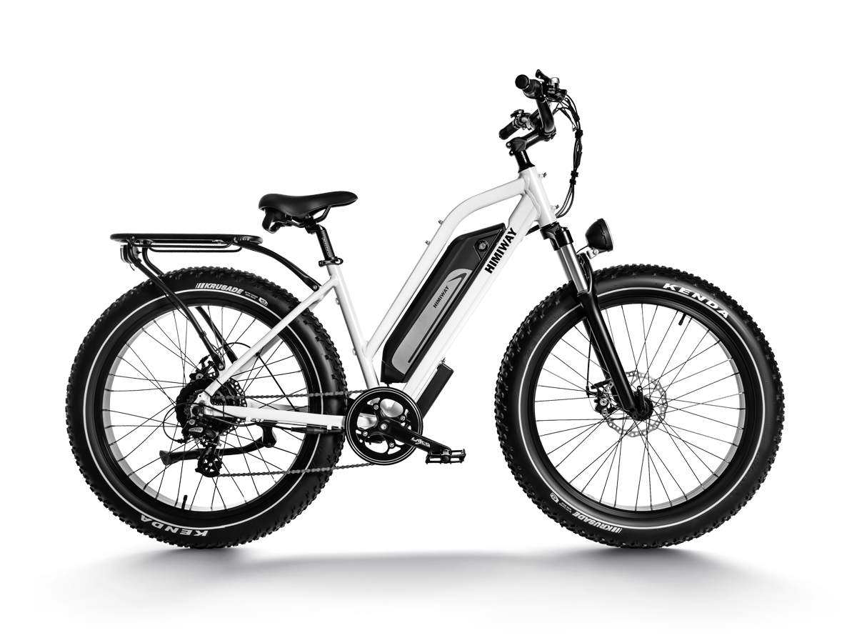 An Himiway electric bike with fat tires on a white background, offering convenience.