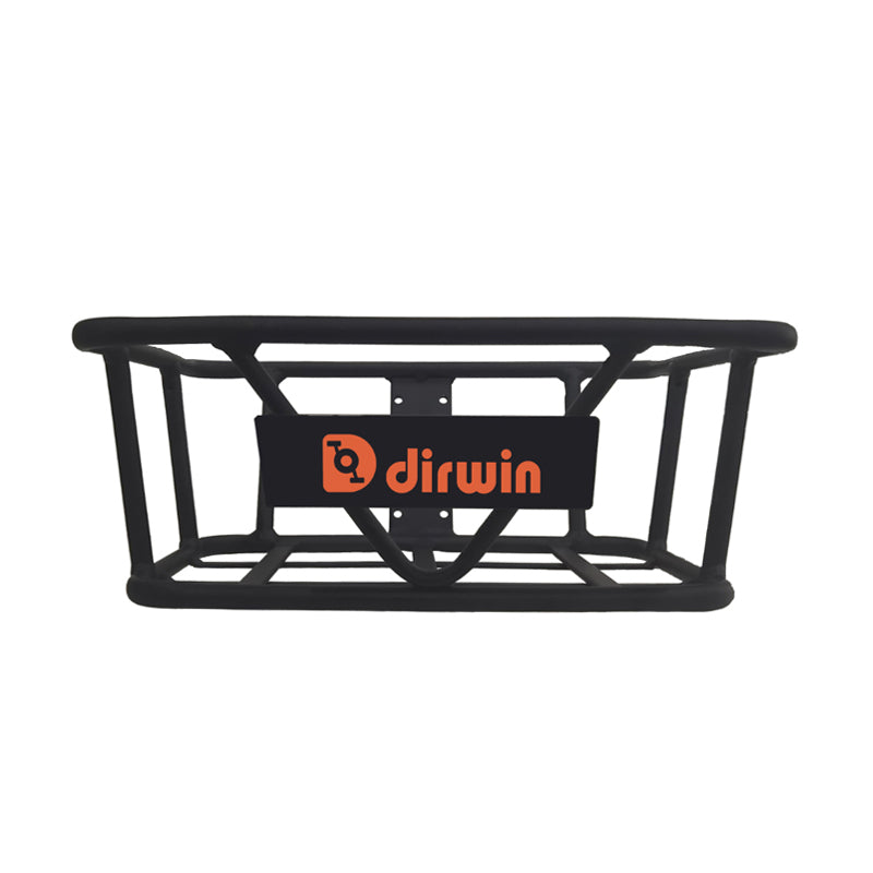 A black Dirwin front mounted basket made of aluminum with a maxload of 35lbs.