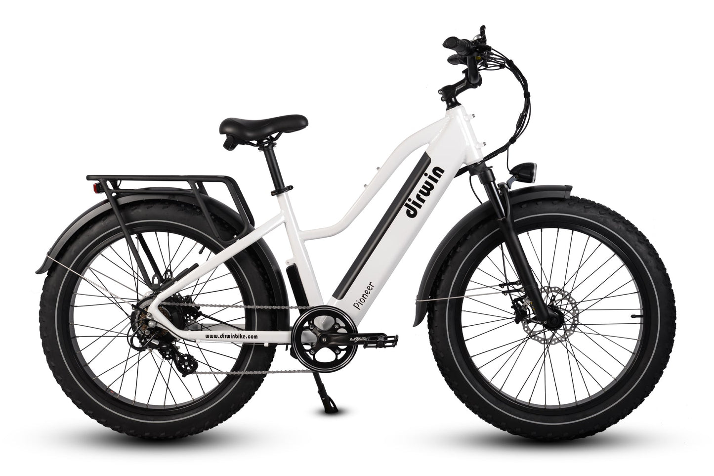 White electric bike with black tires, mid-mounted battery, and rear cargo rack, labeled "Dirwin - Pioneer Step Through - White" on frame. Equipped with wearproof tires for durability.