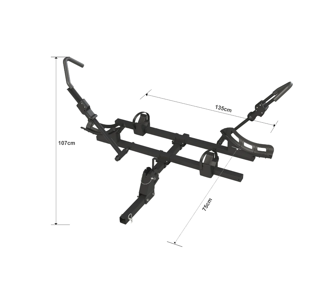 The Himiway - Hitch Rack, crafted by Himiway, is a black dual-arm bicycle rack equipped with three locking mechanisms and labeled dimensions of 107 cm in height, 135 cm in length, and 75 cm in width. Specially designed for electric bicycles, this rack features a convenient foldable design for easy storage and transport.