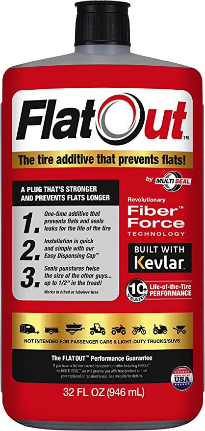 A 32 fl oz (946 mL) bottle of Multi Seal's FlatOut - Multi-Purpose Tire Sealant, featuring FiberForce technology with Kevlar fibers, designed to prevent flats. This versatile sealant is suitable for passenger cars and light-duty trucks/SUVs.