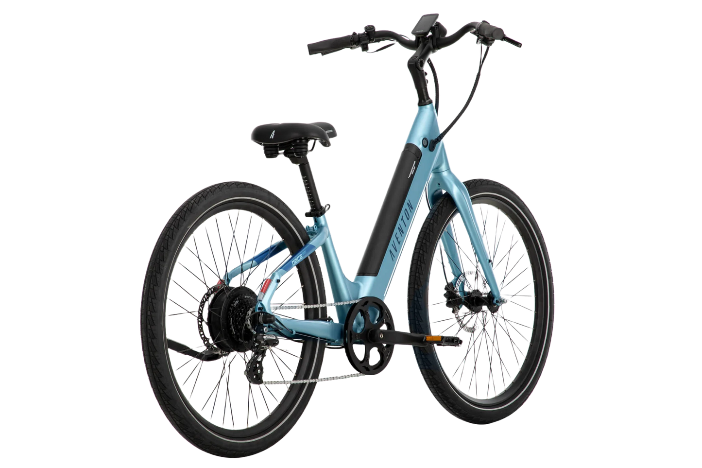 An Aventon - Pace 500.3 Step Through - Blue Steel - L electric bike with a 500W motor is shown against a black background.