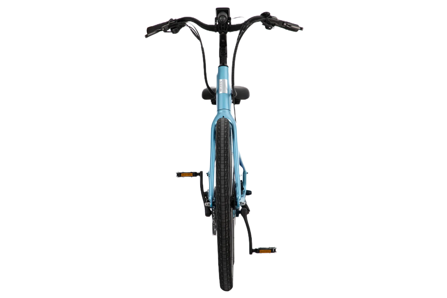 The back of an Aventon - Pace 500.3 Step Through - Blue Steel - L electric bike with a 500W motor, against a white background.