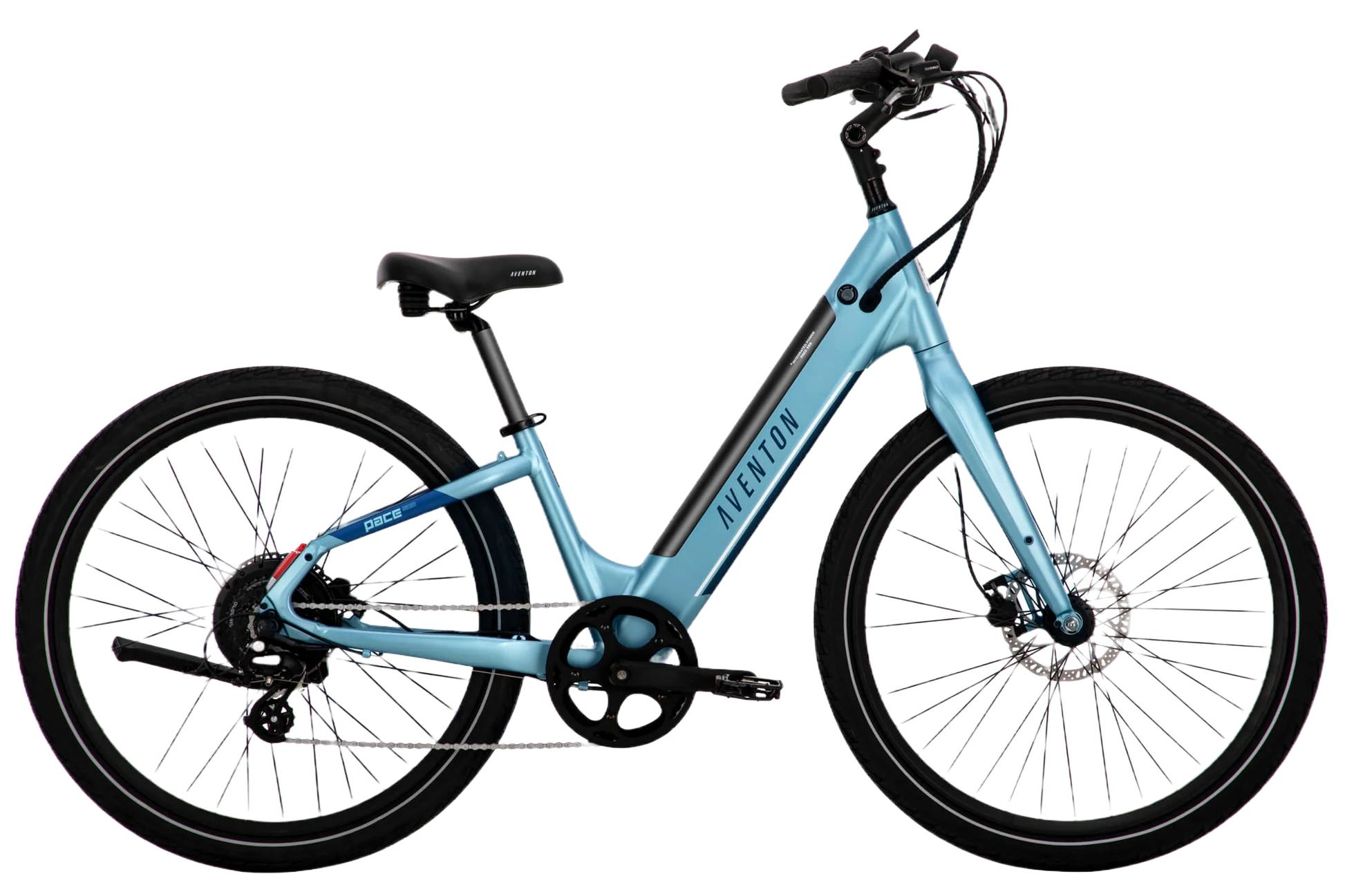 An Aventon - Pace 500.3 Step Through - Blue Steel - L electric bike with a 500W motor is shown against a black background.