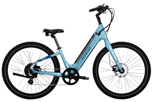An Aventon - Pace 500.3 Step Through - Blue Steel - R electric bike is shown against a black background, featuring pedal assist levels.