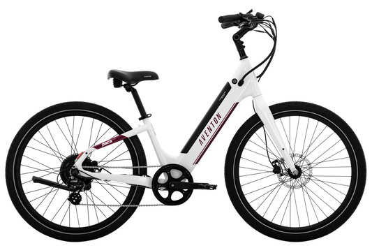 A powerful Aventon - Pace 500.3 Step Through - Ghost White - L electric bike with a white and burgundy frame on a white background.
