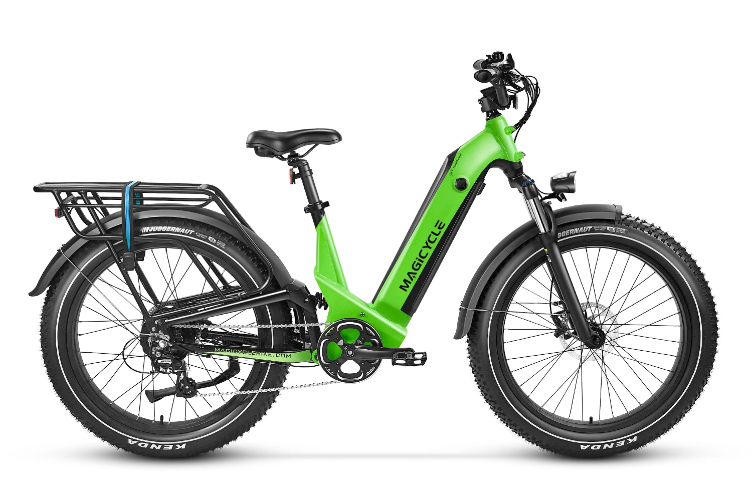 A Deer, a green electric bike with full suspension, on a white background.